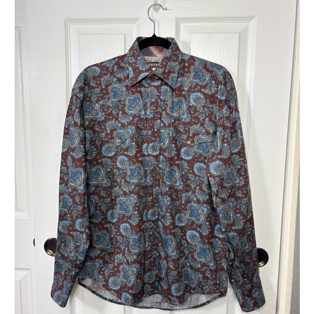 Stetson Men's Paisley Long Sleeve Western Shirt Brown Blue Snap Closure Size S